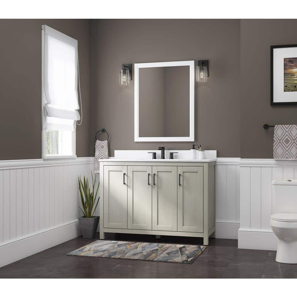 Home Decorators Collection Coppermine 48 in. W x 20 in. D x 34 in. H Single Sink Freestanding Vanity in Light Oak w/ White Engineered Stone Top