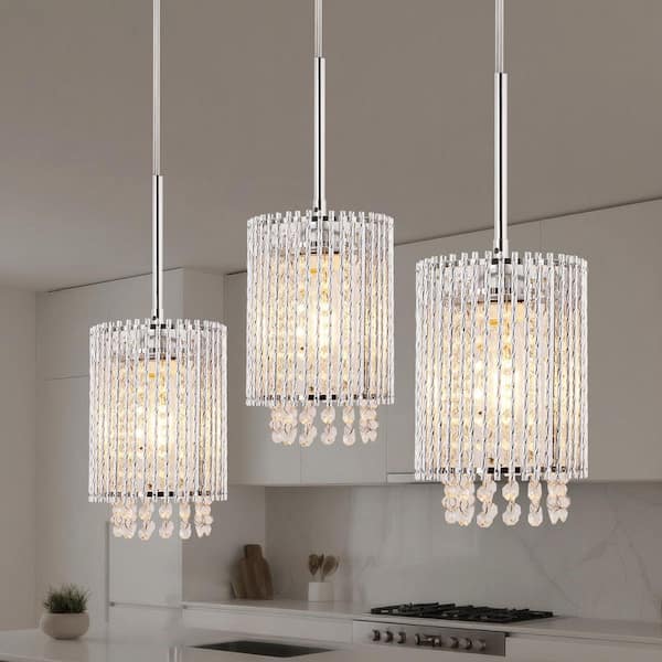 1-Light Brushed Chrome Chandelier-Elegant Metal Hanging Light Fixture with E26 Socket for Kitchen Island, Entryway