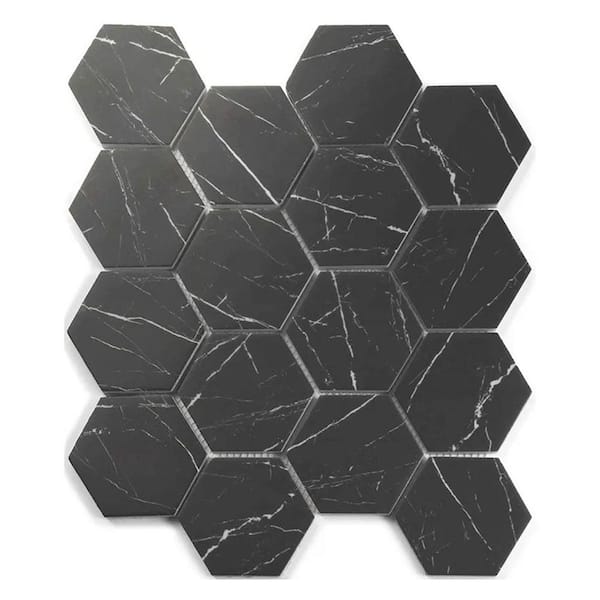 Aloha 10 in. x 12 in. Polished Black with White Glass Mosaic Hexagon Wall and Floor Tile (8.29 sq. ft./case)-10 Pack