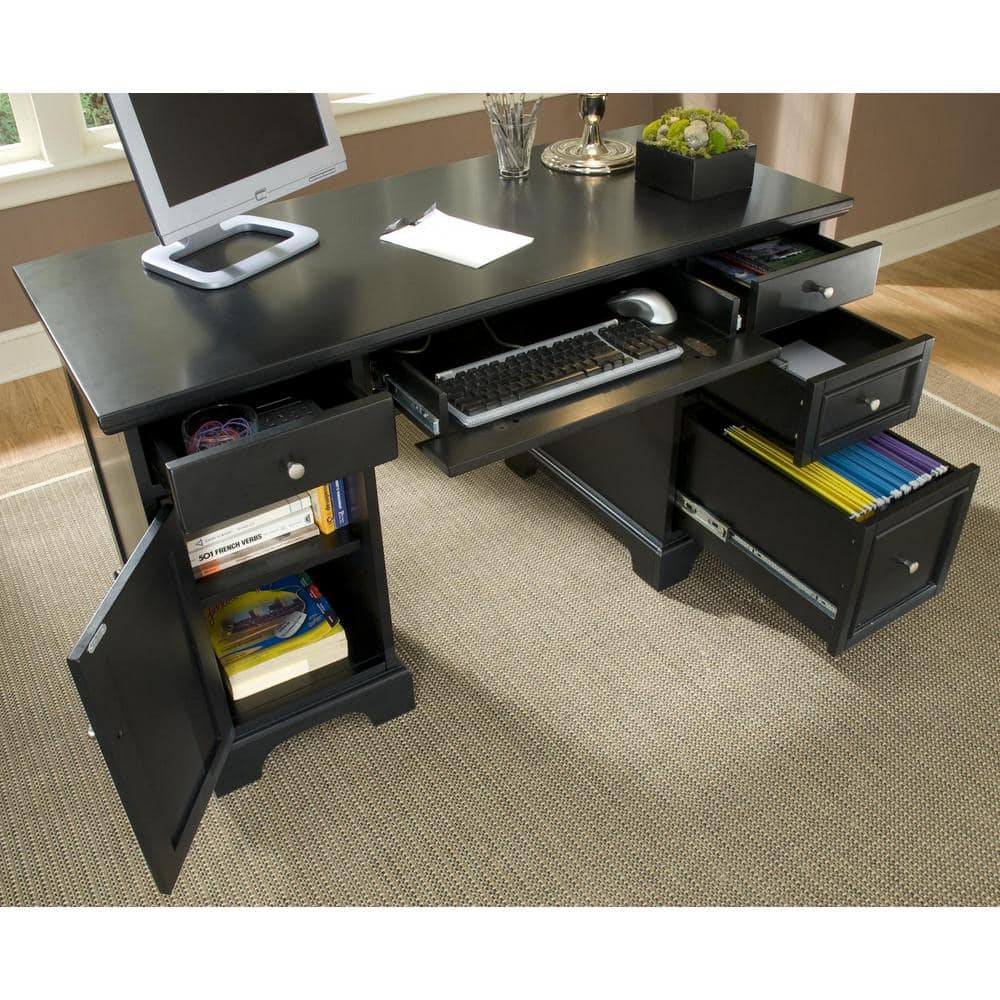 Bedford Black Wood Executive Desk with Drawers and Keyboard Tray