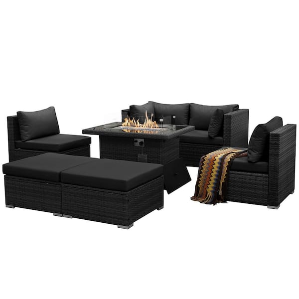 FINCATI Luxury 7-Piece Charcoal Wicker Patio Fire Pit Outdoor Sectional Deep Seating Sofa Set with Black Cushions