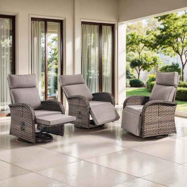 PlainCurve 3-Piece Brown Wicker Outdoor Adjustable Swivel Recliner Chair with Gray Cushions