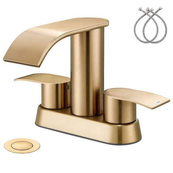 GAGALIFE 4 in. Centerset Double Handle Waterfall Spout Bathroom Vessel Sink Faucet with Pop Up Drain Kit in Champagne Brown
