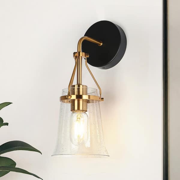 LNC Transitional 1-Light Black and Brass Bath Wall Sconce with Bell Seeded Glass Shade Modern Wall Light, LED Compatible