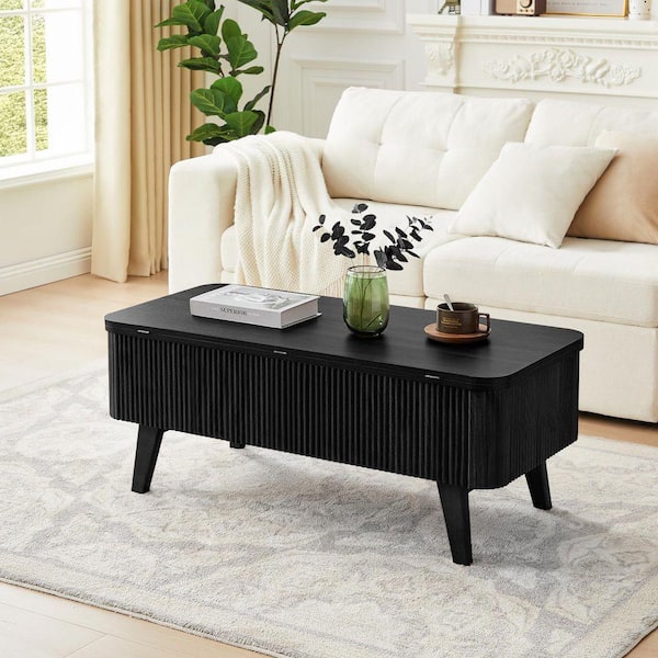 ATHMILE 42. 91in. L Black Oval MDF Coffee Table With Built-in
