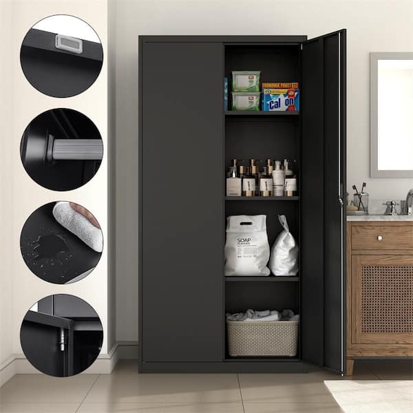 Kahomvis Black 70.8 in. H Metal Wardrobe with Hanging Rod, Lock