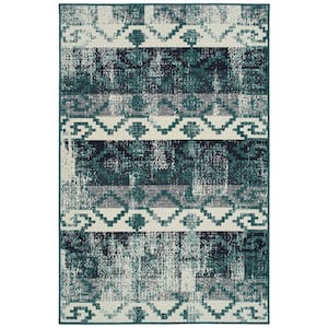 Pianta Collection Teal 1'11" x 3'7" Rectangle Residential Indoor-Outdoor Throw Rug