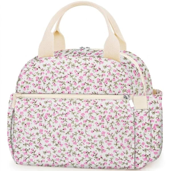 10.6 in Insulated Lunch Bag with Multi Pockets, Corduroy Reusable Tote, Pink Flower