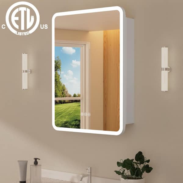 HBEZON Aura 24 in. W x 30 in. H Rectangular Aluminum Recessed/Surface Mount Dimmable Medicine Cabinet with Mirror, Right Hinge