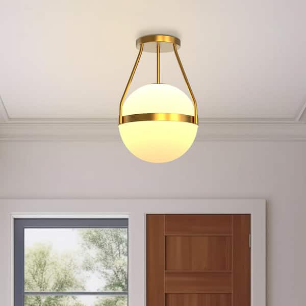 Briignite 10 in.1-Light Gold Semi-Flush Mount with White Frosted Glass Shade and No Bulb Included (1-Pack)