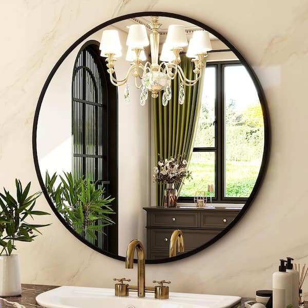 20 in. W x 20 in. H Round Black Vanity Mirror with Brushed Aluminum Alloy Frame Modern Decoration Wall Mirror