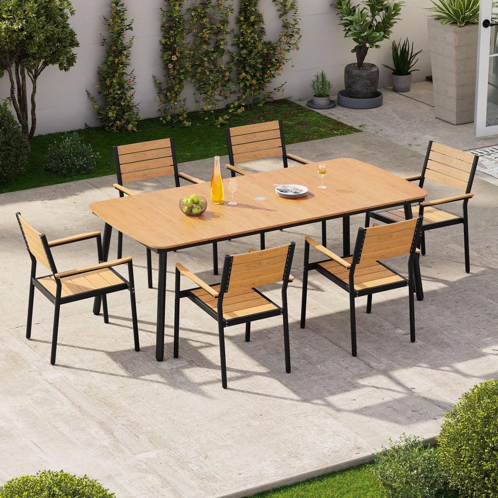 7-Piece Aluminum Outdoor Dining Set 6 Stackable Armchairs and 81.5 in. L Table with Umbrella Hole WPC Board in Brown price history on PriceWatchPro