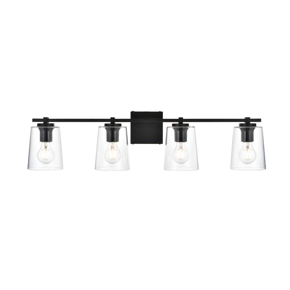 Simply Living 33 in. 4-Light Modern Black Vanity Light with Clear Bell Shad