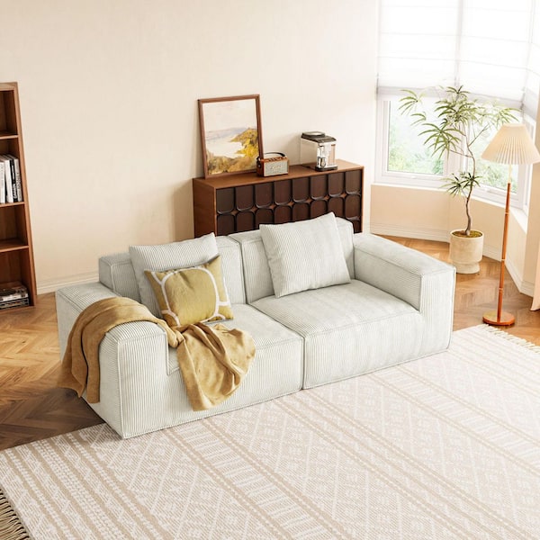 Modular 87 in. W Corduroy Square Arm Rectangle Sectional Sofa in White for Bed Room, LIving Room