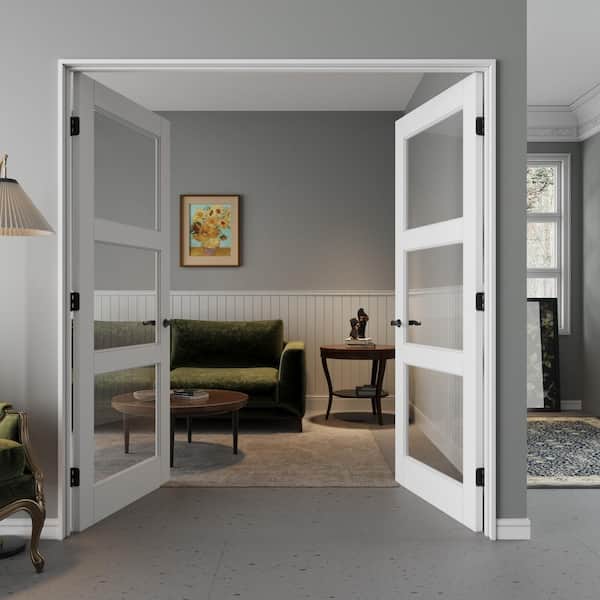 72 in. x 80 in. Universal 3-Lite Clear Glass White Solid Core Glass Double Prehung French Door + Quick Assemble Jamb