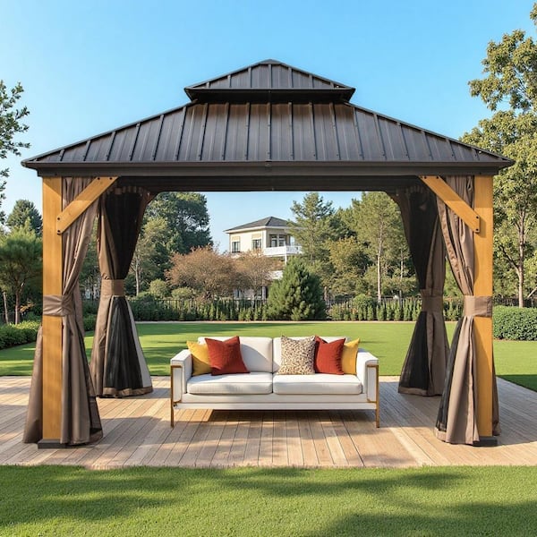 12 ft. x 12 ft. Brown Outdoor Cedar Wood Frame Canopy with Galvanized Steel Double Roof Hardtop Gazebo with Curtains