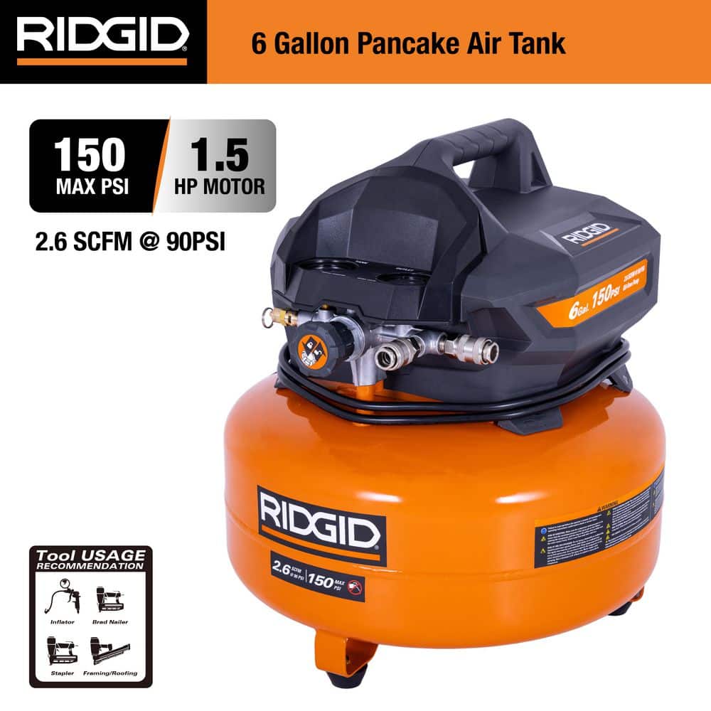 RIDGID 6 Gal. 150 PSI Portable Electric Oil-Free Jobsite Pancake Air Compressor with Dual Pressure Gauges and 2-Quick Couplers 02106416