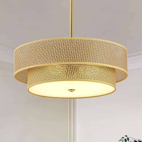 17.7 in. Round Matte Gold Flush Mount Ceiling Light, Modern Boho Drum Lamp for Living Room, E26 Base Bulb Not Included