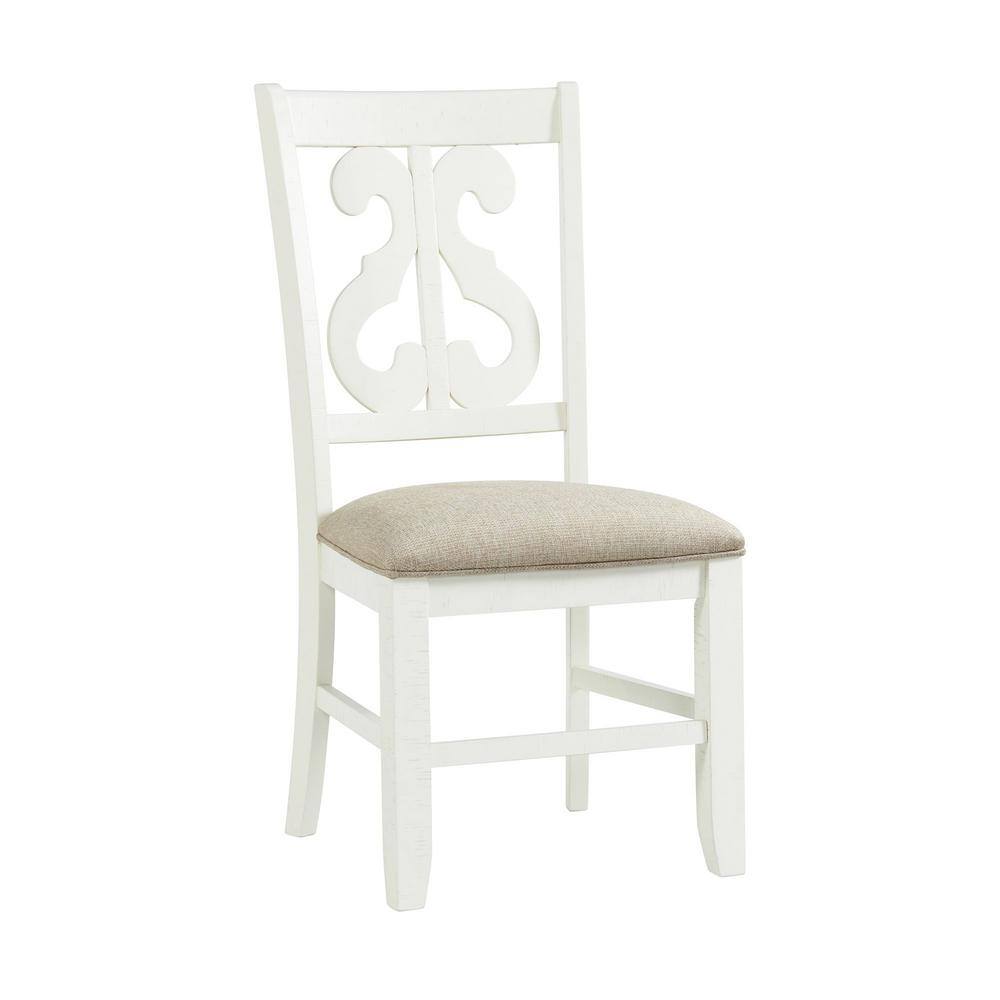 Elegant White Wooden Side Chair with Swirl Back Design and Upholstered Seat
