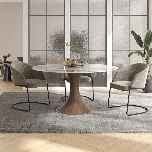 Monland Modern Round Pandora Coloured Patek Philippe Stone Top Kitchen 59.06 in. Black Woodgrain Pedestal Dining Table (6 Seats)
