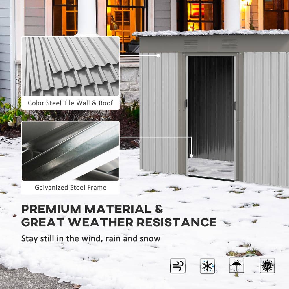 Gray Metal Garden Shed with Windows and Dual Locking Doors
