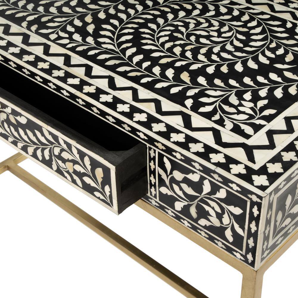 Black Bone Inlay Writing Desk with Drawer, 36"