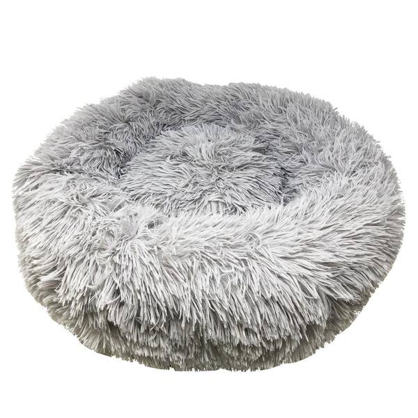 grey fluffy dog bed