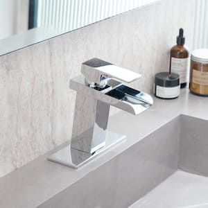Modern Waterfall Single Handle Single Hole Bathroom Faucet with Deck Plate Included and Water Supply Hoses in Chrome