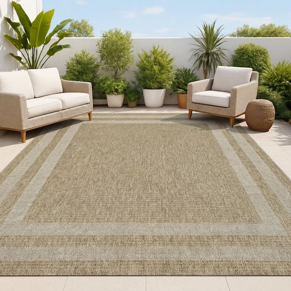 Frenzy Easy Jute Minimalist Boho Inset Border Natural/Beige 5 ft. x 8 ft. Indoor/Outdoor Area Rug
