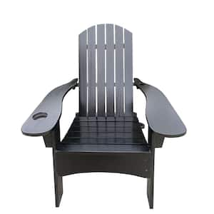 Black Populus Wood Outdoor Adirondack Chair Armchair with Cup Holder and Umbrella Hole for Pool, Garden, Campfire Chair