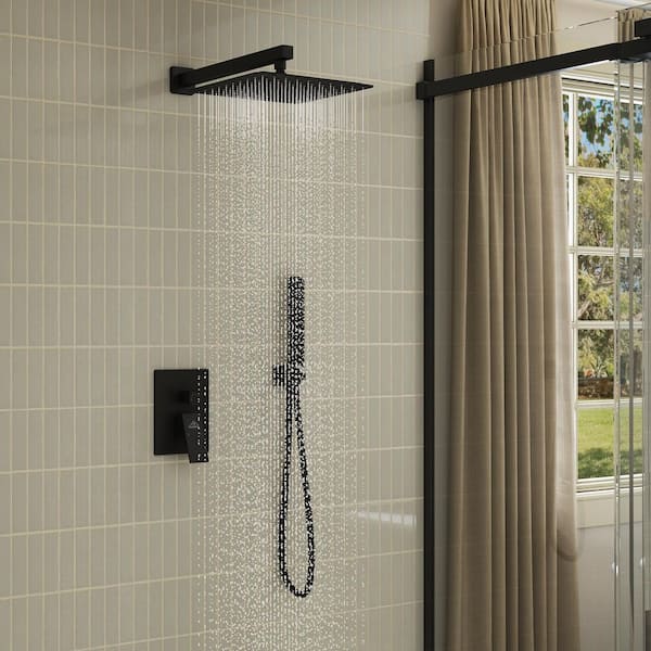 2-Spray 10 in. Square Wall Mount Dual Shower Heads with Hand Shower Faucet 2.5 GPM in Black (Valve Included)