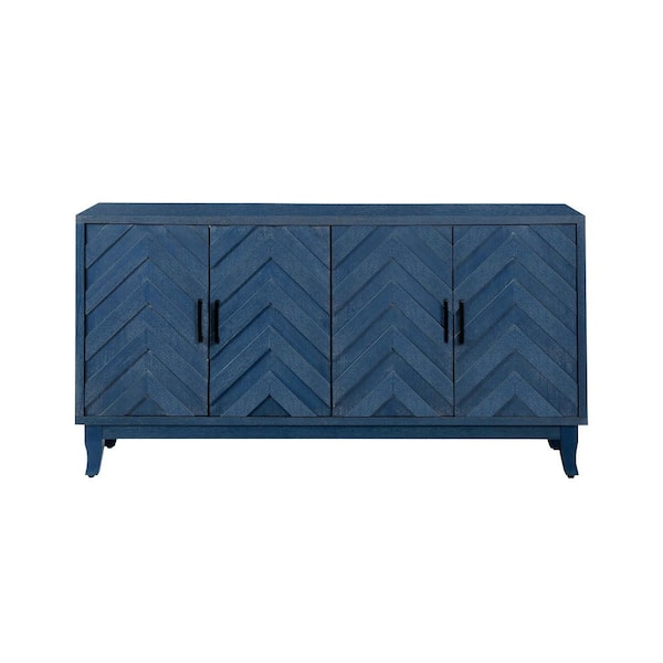 60 in. Blue Textural Chevron Distressed Wood Sideboard with 4 Doors