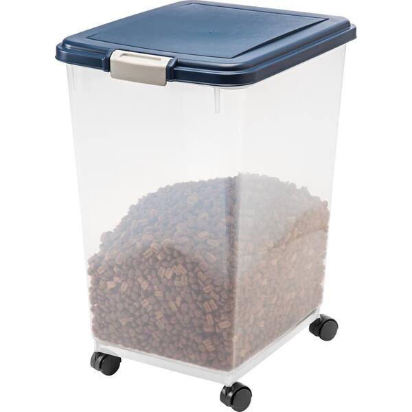 thumbnail interactive-video image 1 of IRIS USA 54 Lb Airtight Pet Food Storage Container With Wheels - Navy/Pearl BPA-Free Pet Food Bin 1 of 4