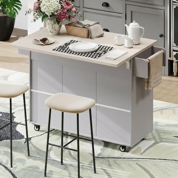 Farmhouse Gray Wood Particle Board 51.06 in. Drop Leaf Kitchen Island with Trash Can Storage Cabinet and Spice Rack