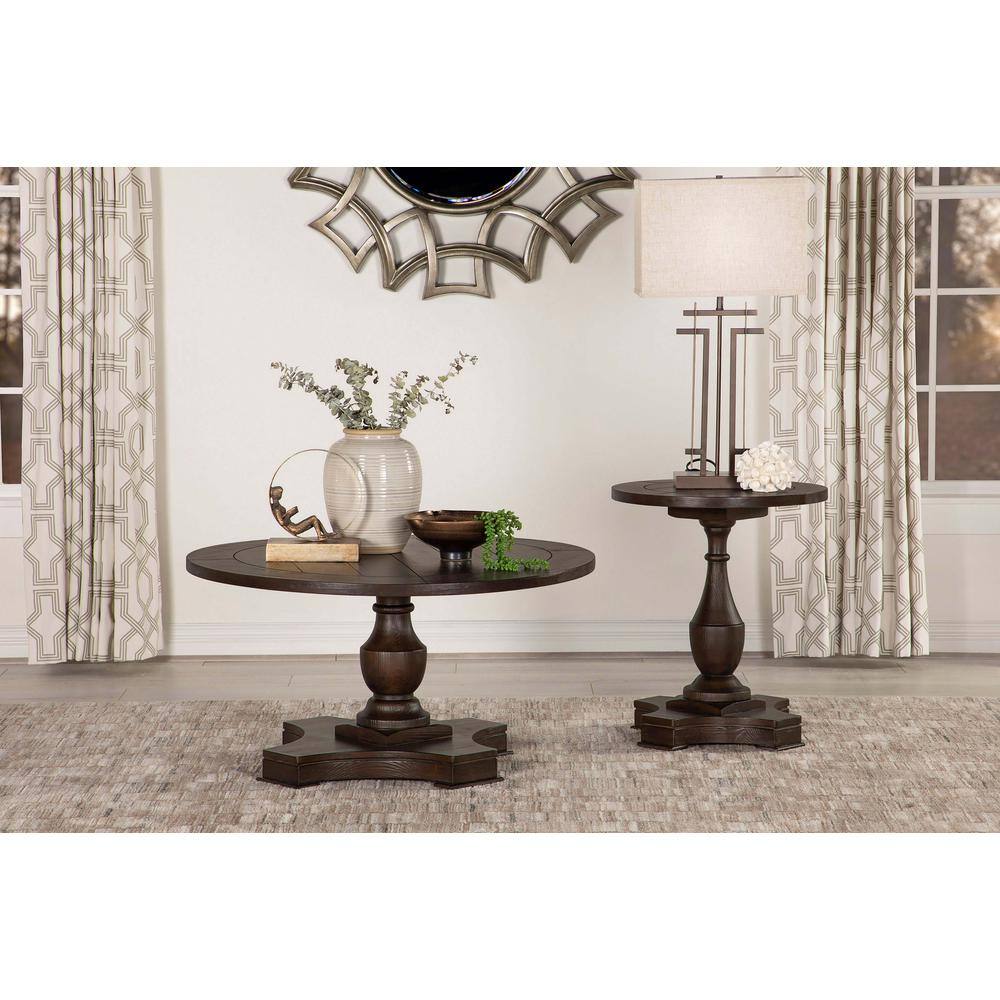 36" Brown Transitional Round Wood Coffee Table with Pedestal Base