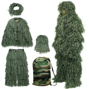 5 in 1 Ghillie Suit 3D Camouflage Hunting Apparel Including Jacket Pants, Hood, Carry Bag for Kids