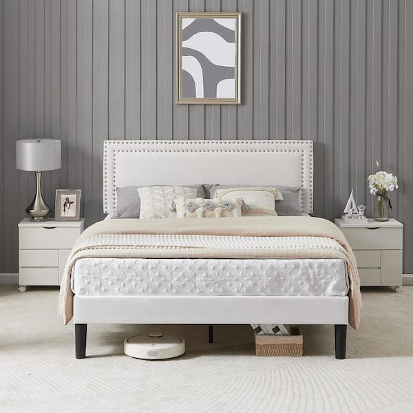 VECELO Velvet Upholstered Bed Frame White Frame Full Platform Bed with Adjustable Headboard and Nailhead Trim