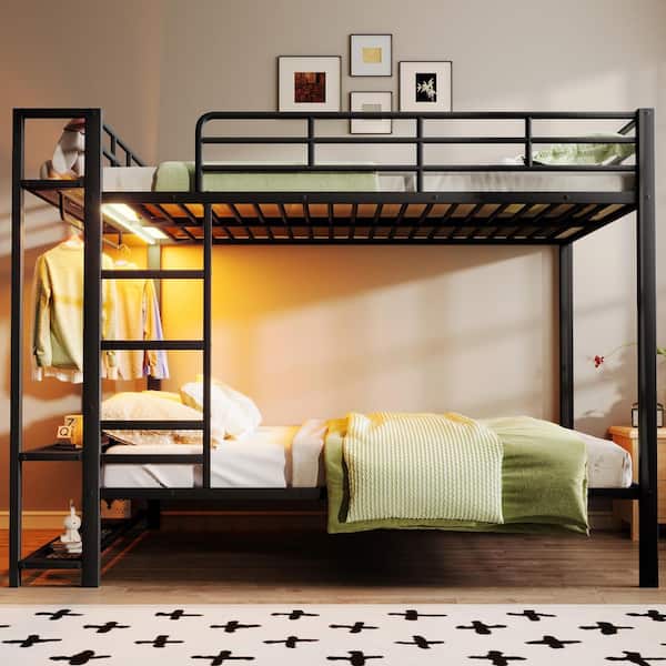 Black Metal Queen Over Queen Bunk Bed with Storage Mesh Shelves and Clothes Hooks