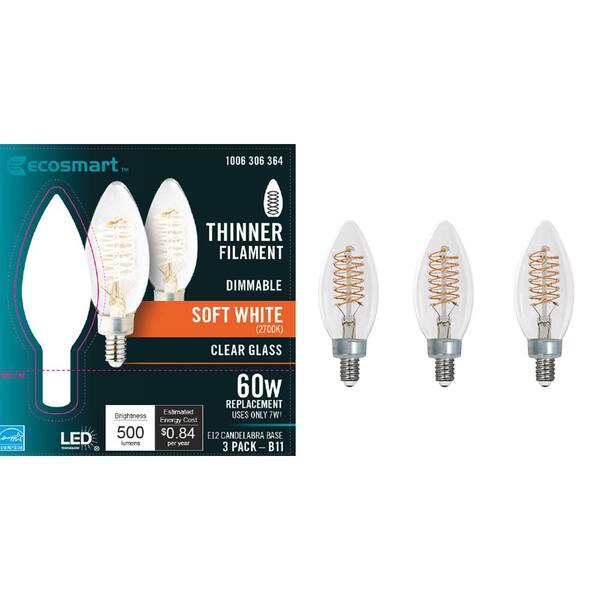 60-Watt Equivalent B11 Candelabra Glass Vintage Decorative Edison Filament Dimmable LED Light Bulb Soft White (24-Pack)