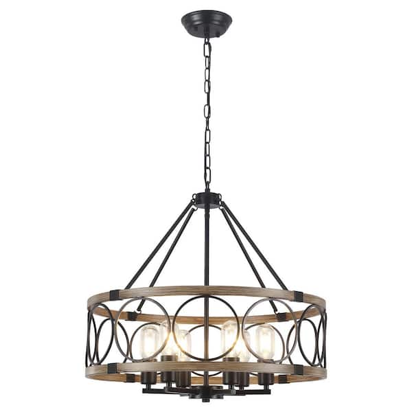 6-Light Black and Imitation Wood Grain Farmhouse Chandelier with Metal Shade for Dining Room