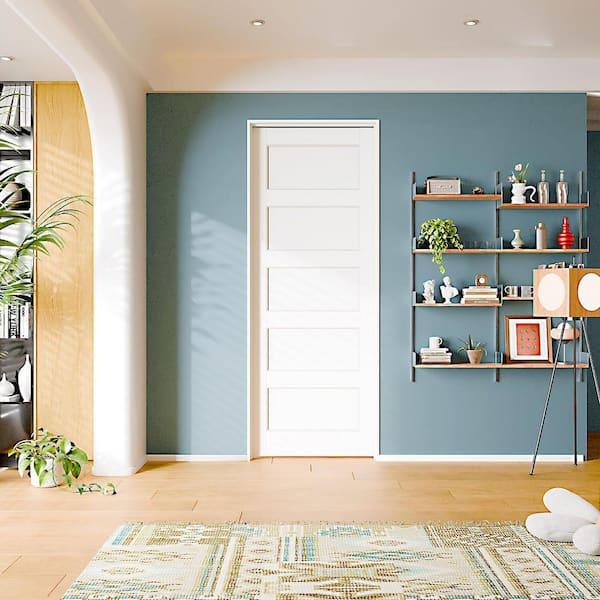 30 in. x 80 in. 5-Panel Right-Handed Solid Core White MDF Wood Single Prehung Interior Door with Door Jamb Hardware Kit