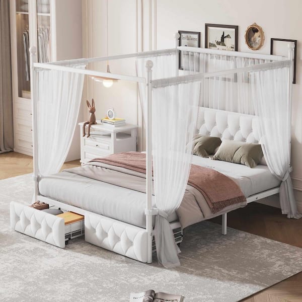 Polibi White Metal Frame Queen Size Platform Bed with Upholstered Headboard and 2 Storage Drawers