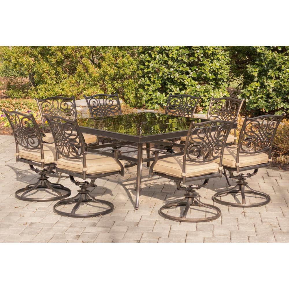 Traditions 9-Piece Bronze Aluminum Outdoor Dining Set with Tan Cushions