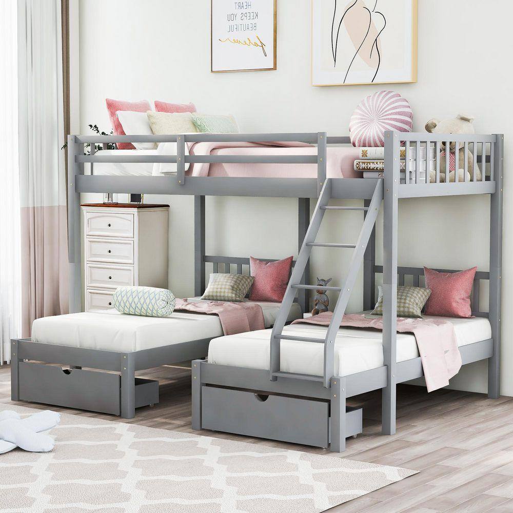 Nestfair Gray Wood Full Over Twin and Twin Size Bunk Bed with ...