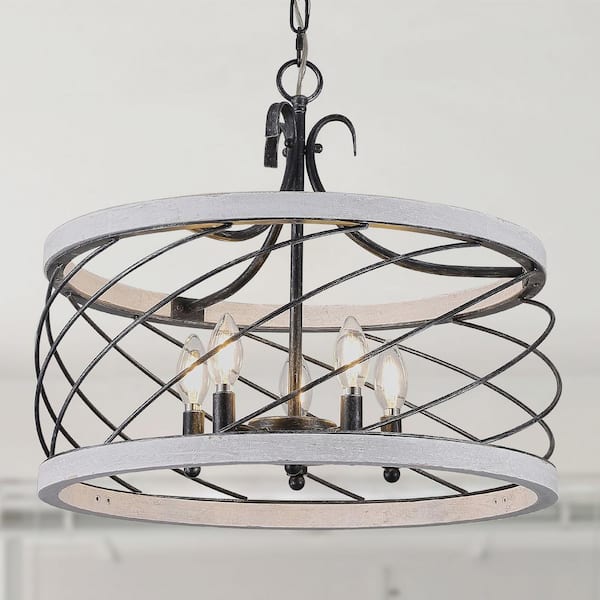 Bella Depot 20 in. Iron 5 light Distressed White Drum Caged Chandelier Hanging Pendant Light for Kitchen Living Room