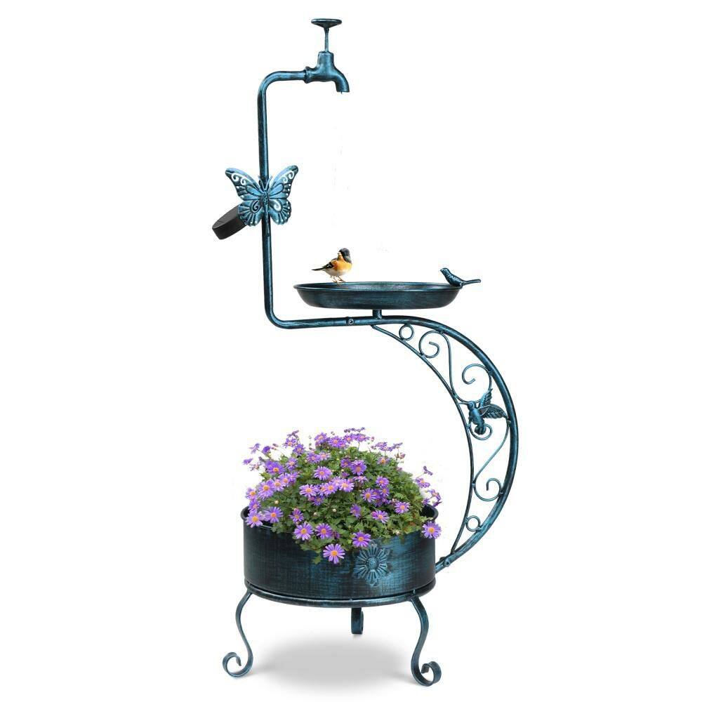 36 in. Metal Garden Bird Bath with Solar Lamp, Flower Planter Pedestal Standing Bird Feeder for Outdoor, Antique Blue price history on PriceWatchPro