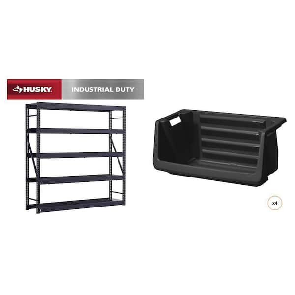 90 in. W x 90 in. H x 24 in. D Black 5-Shelf Metal Shelving Unit, 55 Gal. Stackable Storage Bin (4-Count) Combo