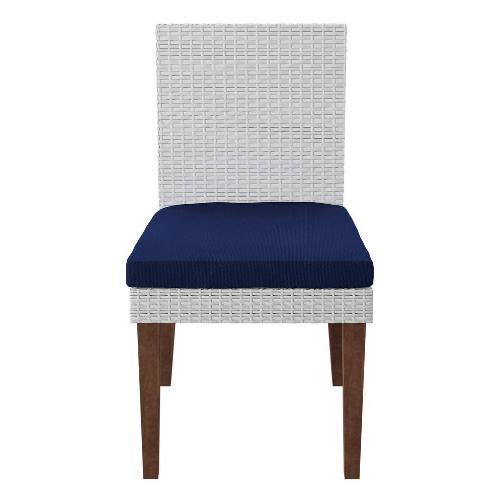 White Wicker Outdoor Dining Chairs with Navy Cushions, Set of 2