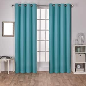 Sateen Teal Solid Woven Room Darkening Grommet Top Curtain, 52 in. W x 96 in. L (Set of 2)