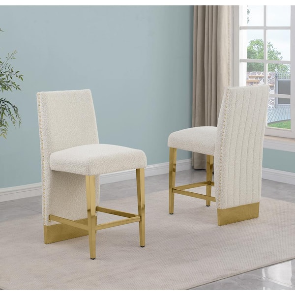 Best Quality Furniture Melany 30 in. Cream Color High Back Metal Frame Gold Iron Legs Bar Stool with Boucle Fabric Side Chair (Set of 2)